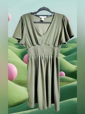 Planet Gold Olive Green V-Neck Smocked-Waist Midi Dress size XL